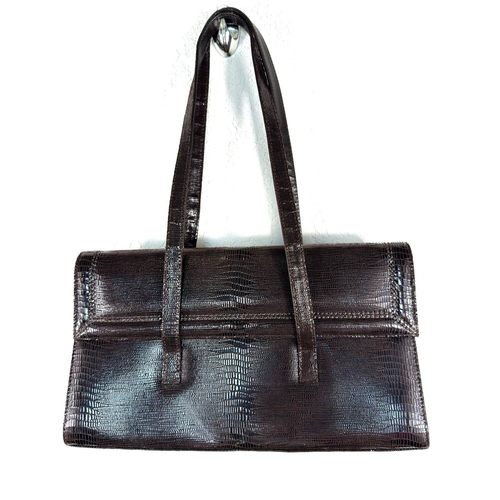 Stuart Weitzman Vintage Dark Brown Lizard Embossed Leather Shoulder Bag Flap⁠